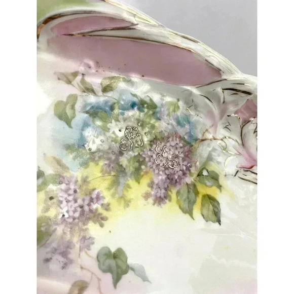 VTG Pink Green Porcelain Celery Dish Cut Out Handles Gold Accent Estate Find - Picture 14 of 14